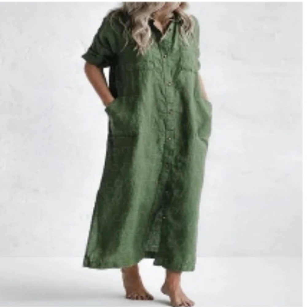 Casual Shirt Dress 2XL Lapel Pocket Solid Army Green Color Split Side Hem Linen